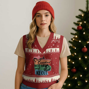 Stupid Canadian Wolf Bird Says Ice Out V-Neck Knit Sweater Vest Funny Activist Loon Minnesota Rebel Rainbow TS02 Red Beige Print Your Wear