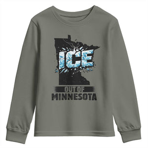 Ice Out of Minnesota Youth Sweatshirt MN State Map Abolish Ice Protest TS02 Military Green Print Your Wear