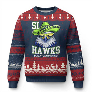 Funny Si Hawks in Mexican Sombrero Ugly Christmas Sweater Seattle Skyline Pride Mazatlan Mexico Vacation Green and Blue TS02 Navy Red Print Your Wear