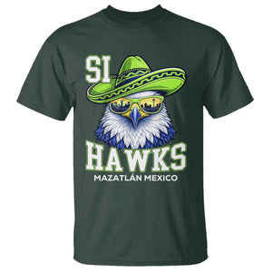 Funny Si Hawks in Mexican Sombrero T Shirt Seattle Skyline Pride Mazatlan Mexico Vacation Green and Blue TS02 Dark Forest Green Print Your Wear