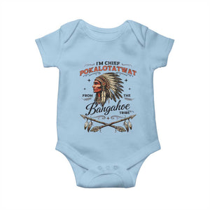 Funny I'm Chief Pokalotatwat from The Tribe Baby Onesie Indigenous Native American Vintage Headdress TS02 Light Blue Print Your Wear