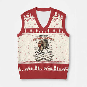 Funny I'm Chief Pokalotatwat from The Tribe V-Neck Knit Sweater Vest Indigenous Native American Vintage Headdress TS02 Beige Red Print Your Wear