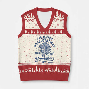 Funny I'm Chief Pokalotatwat from The Tribe V-Neck Knit Sweater Vest Indigenous Native American Headdress TS02 Beige Red Print Your Wear