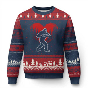 Funny Valentine Bigfoot in Love Heart Hand Sign Ugly Christmas Sweater Romantic Sasquatch in Forest Valentines Day TS02 Navy Red Print Your Wear