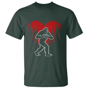 Funny Valentine Bigfoot in Love Heart Hand Sign T Shirt Romantic Sasquatch in Forest Valentines Day TS02 Dark Forest Green Print Your Wear