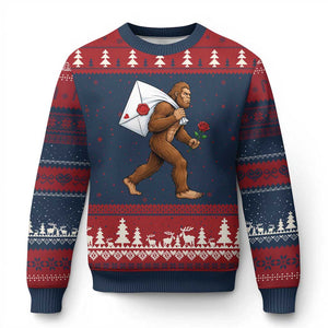 Funny Valentine Bigfoot with Heart Sack Bag Ugly Christmas Sweater Romantic Sasquatch Love Letter Valentines Day TS02 Navy Red Print Your Wear