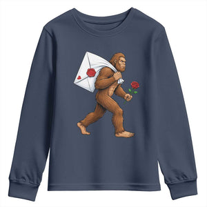 Funny Valentine Bigfoot with Heart Sack Bag Youth Sweatshirt Romantic Sasquatch Love Letter Valentines Day TS02 Navy Print Your Wear