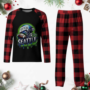 Lets Go Seattle Athletic Helmet Dripping Style Graphic Plaid Pajama Set Game Day Sports Fan