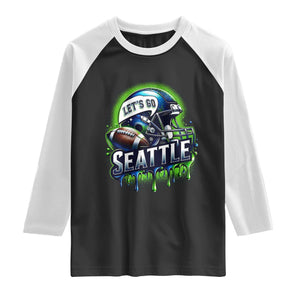 Lets Go Seattle Athletic Helmet Dripping Style Graphic Raglan Shirt Game Day Sports Fan
