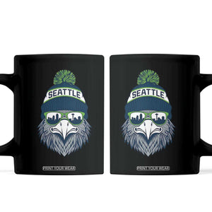 Cool Hawk with Beanie Sunglasses Sports Graphic Coffee Mug Seattle City Skyline Pride Game Day Sports Fan