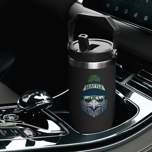 Cool Hawk with Beanie Sunglasses Sports Graphic Flip Straw Tumbler Seattle City Skyline Pride Game Day Sports Fan
