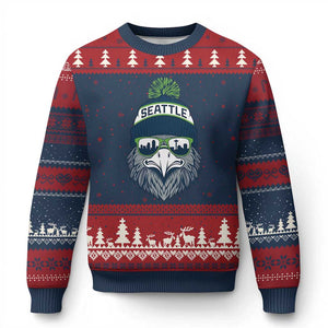 Cool Hawk with Beanie Sunglasses Sports Graphic Ugly Christmas Sweater Seattle City Skyline Pride Game Day Sports Fan