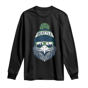 Cool Hawk with Beanie Sunglasses Sports Graphic Long Sleeve Shirt Seattle City Skyline Pride Game Day Sports Fan