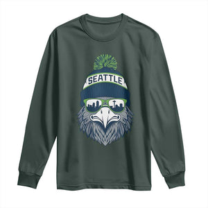 Cool Hawk with Beanie Sunglasses Sports Graphic Long Sleeve Shirt Seattle City Skyline Pride Game Day Sports Fan