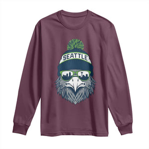 Cool Hawk with Beanie Sunglasses Sports Graphic Long Sleeve Shirt Seattle City Skyline Pride Game Day Sports Fan