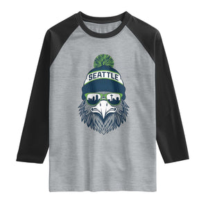 Cool Hawk with Beanie Sunglasses Sports Graphic Raglan Shirt Seattle City Skyline Pride Game Day Sports Fan