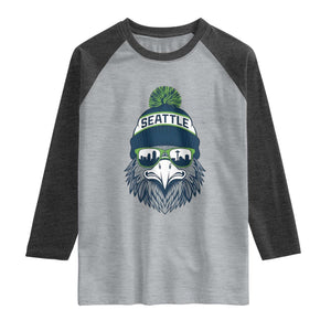 Cool Hawk with Beanie Sunglasses Sports Graphic Raglan Shirt Seattle City Skyline Pride Game Day Sports Fan