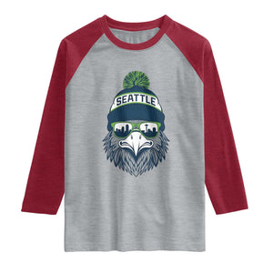Cool Hawk with Beanie Sunglasses Sports Graphic Raglan Shirt Seattle City Skyline Pride Game Day Sports Fan