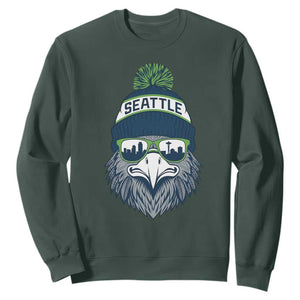 Cool Hawk with Beanie Sunglasses Sports Graphic Sweatshirt Seattle City Skyline Pride Game Day Sports Fan