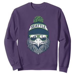 Cool Hawk with Beanie Sunglasses Sports Graphic Sweatshirt Seattle City Skyline Pride Game Day Sports Fan