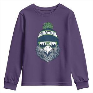 Cool Hawk with Beanie Sunglasses Sports Graphic Youth Sweatshirt Seattle City Skyline Pride Game Day Sports Fan