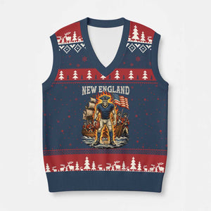 New England Fiery Skeleton Game Day Graphic V-Neck Knit Sweater Vest Patriotic Revolutionary Sports Fan