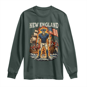 New England Fiery Skeleton Game Day Graphic Long Sleeve Shirt Patriotic Revolutionary Sports Fan