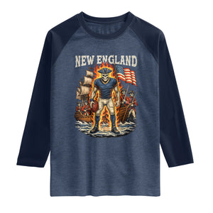 New England Fiery Skeleton Game Day Graphic Raglan Shirt Patriotic Revolutionary Sports Fan