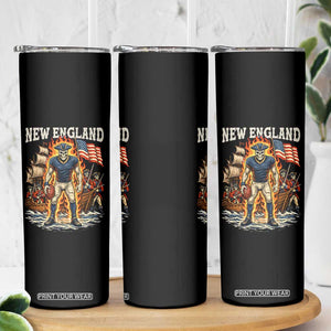 New England Fiery Skeleton Game Day Graphic Skinny Tumbler Patriotic Revolutionary Sports Fan