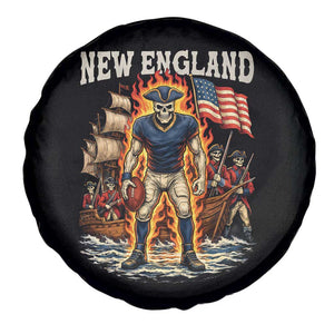 New England Fiery Skeleton Game Day Graphic Spare Tire Cover Patriotic Revolutionary Sports Fan