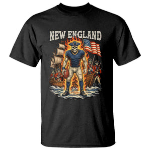New England Fiery Skeleton Game Day Graphic T Shirt Patriotic Revolutionary Sports Fan