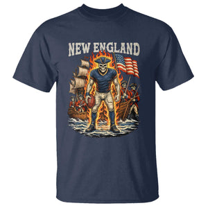 New England Fiery Skeleton Game Day Graphic T Shirt Patriotic Revolutionary Sports Fan