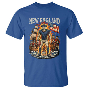 New England Fiery Skeleton Game Day Graphic T Shirt Patriotic Revolutionary Sports Fan