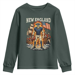 New England Fiery Skeleton Game Day Graphic Youth Sweatshirt Patriotic Revolutionary Sports Fan