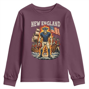 New England Fiery Skeleton Game Day Graphic Youth Sweatshirt Patriotic Revolutionary Sports Fan