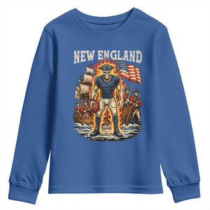 New England Fiery Skeleton Game Day Graphic Youth Sweatshirt Patriotic Revolutionary Sports Fan