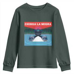 Chinga La Migra Red Eye Laser Loon Youth Sweatshirt Political Resist Ice Minnesota Protest TS02 Dark Forest Green Print Your Wear