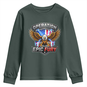Operation Epic Fury Patriotic Bald Eagle Youth Sweatshirt American Flag Shield Graphic Freedom Pride TS02 Dark Forest Green Print Your Wear