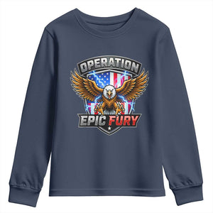 Operation Epic Fury Patriotic Bald Eagle Youth Sweatshirt American Flag Shield Graphic Freedom Pride TS02 Navy Print Your Wear