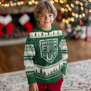 Operation Epic Fury Bold Tactical Shield Graphic Ugly Christmas Sweater Strong Patriotic Statement Freedom Supporters TS02 Forest Green Beige Print Your Wear