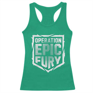 Operation Epic Fury Bold Tactical Shield Graphic Racerback Tank Top Strong Patriotic Statement Freedom Supporters TS02 Irish Green Print Your Wear