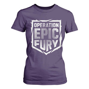 Operation Epic Fury Bold Tactical Shield Graphic T Shirt For Women Strong Patriotic Statement Freedom Supporters TS02 Purple Print Your Wear