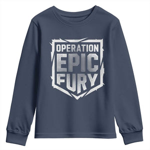 Operation Epic Fury Bold Tactical Shield Graphic Youth Sweatshirt Strong Patriotic Statement Freedom Supporters TS02 Navy Print Your Wear