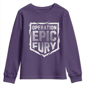 Operation Epic Fury Bold Tactical Shield Graphic Youth Sweatshirt Strong Patriotic Statement Freedom Supporters TS02 Purple Print Your Wear