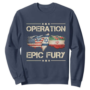 Operation Epic Fury USA Israel Sweatshirt Patriotic Military Peace Through Strength TS02 Navy Print Your Wear