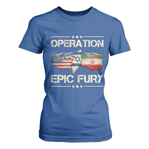 Operation Epic Fury USA Israel T Shirt For Women Patriotic Military Peace Through Strength TS02 Royal Blue Print Your Wear