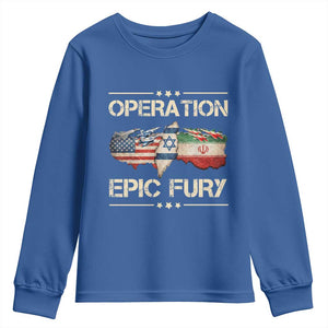 Operation Epic Fury USA Israel Youth Sweatshirt Patriotic Military Peace Through Strength TS02 Royal Blue Print Your Wear