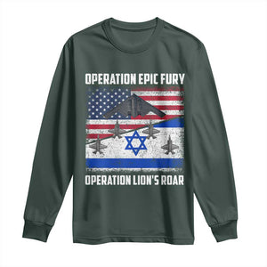 Operation Epic Fury Lions Roar Long Sleeve Shirt USA Israel Flag Freedom Defense TS02 Dark Forest Green Print Your Wear
