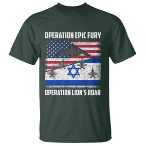 Operation Epic Fury Lions Roar T Shirt USA Israel Flag Freedom Defense TS02 Dark Forest Green Print Your Wear