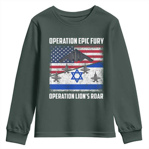Operation Epic Fury Lions Roar Youth Sweatshirt USA Israel Flag Freedom Defense TS02 Dark Forest Green Print Your Wear